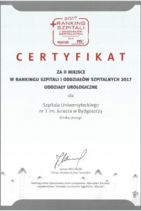 Certyfikat za zajęcie II miejsca dla oddziału urologicznego Ranking Szpitali WPROST 2017